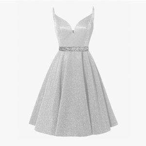 ✨ XSIATO Silver Sparkle Spaghetti Strap Homecoming Dress ✨